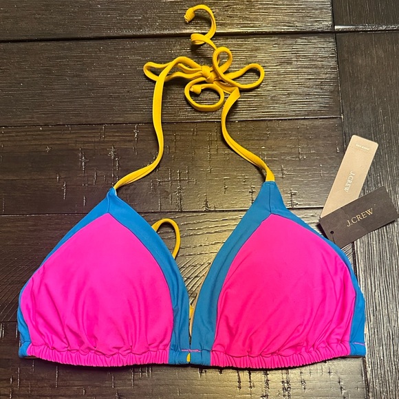 J. Crew NWT Pink and Blue Bikini Top with Yellow Straps - Picture 2 of 5